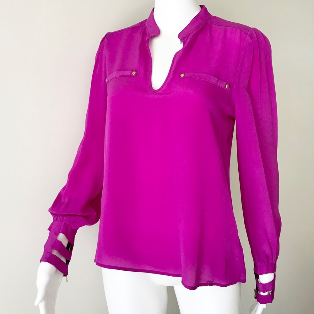 Aryn K Fushia Silk Long Sleeve Zip Cage Cuff M